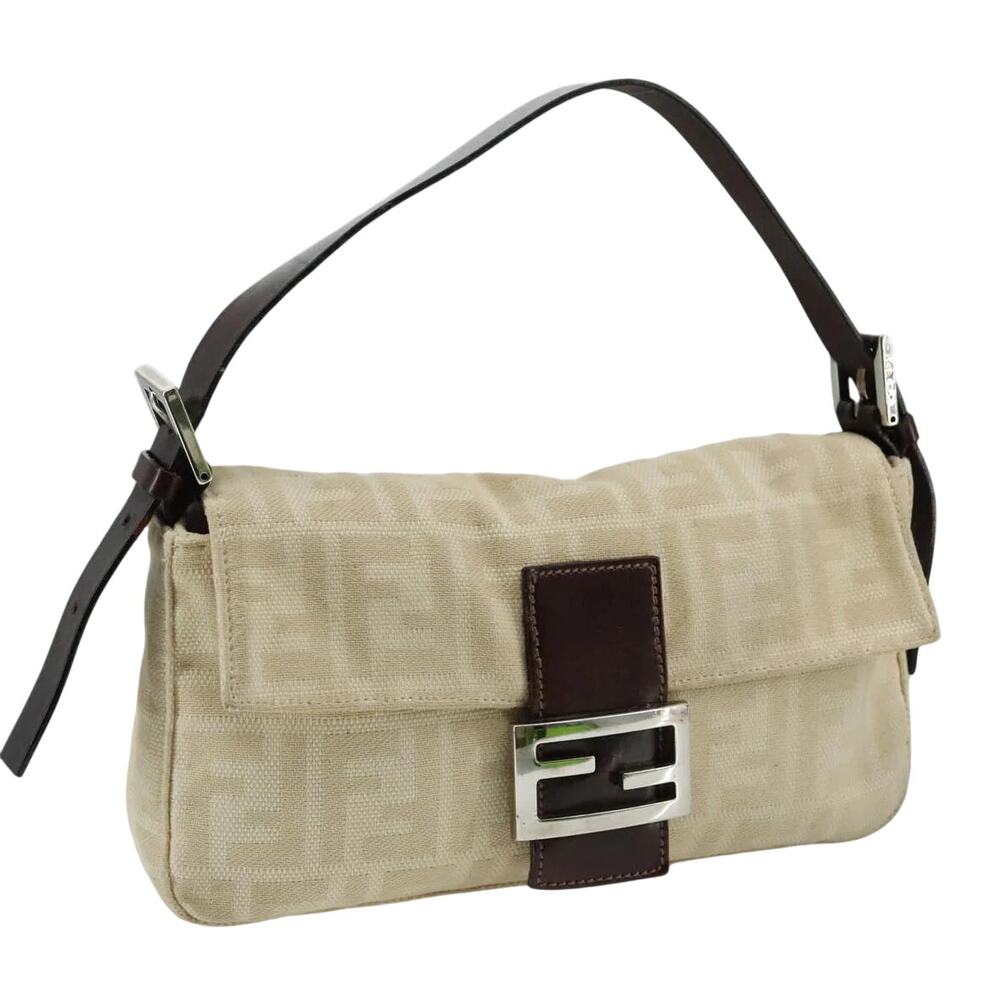 SOLD Fendi Zucca Women’s Beige Canvas Monogram Baguette Shoulder Bag Purse